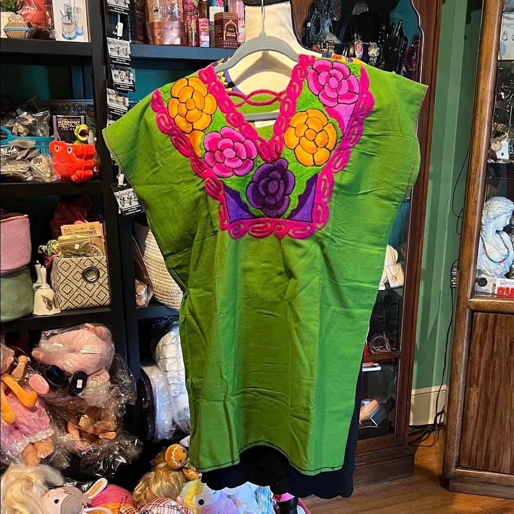Green Mexican Embroidered Tunic with Bright Floral Yoke